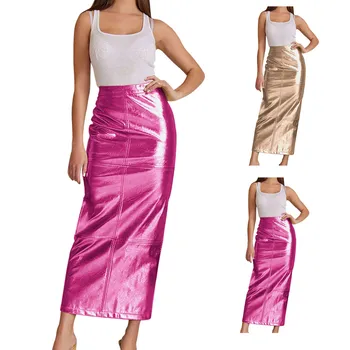 Женская Длинная юбка из искусственной кожи с высокой талией, винтажная юбка Макси, облегающая фигуру, комплект для бедер, сексуальная юбка для малышей, пляжная юбка