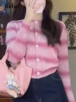 Милый женский кардиган Jielur в розовую полоску, элегантный свитер в стиле Преппи, Однобортный Модный женский уличный свитер с круглым вырезом, Однобортная модная женская уличная одежда