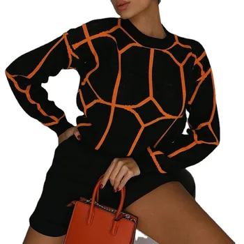 Модный женский свитер Осень-зима с круглым геометрическим вырезом, вязаный джемпер с круглым вырезом, свитер оверсайз