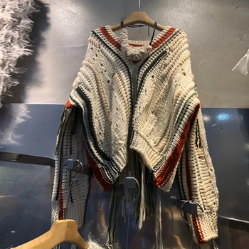 Осень и зима 2022, Новый пуловер контрастного цвета с V-образным вырезом и бахромой, вязаный женский свитер оверсайз с длинными рукавами, женская прострочка