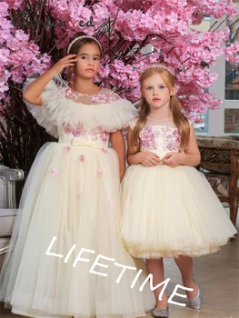 Пышное платье для маленьких девочек с оборками цвета шампанского, платья для девочек в цветочек, Милое платье Принцессы для девочек, платье для свадебной вечеринки, Детские платья для детей