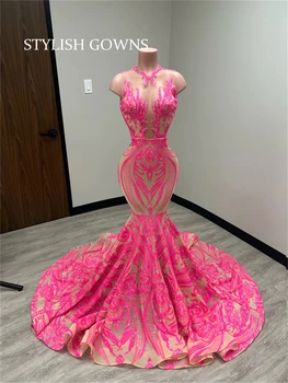 Розовое прозрачное вечернее платье с круглым вырезом для чернокожих девушек 2023, длинные платья для выпускного вечера с блестками, платье для вечеринки в честь дня рождения Русалки, Robe De Bal