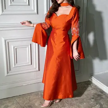 Счастливая Саудовская Аравия, Атласное вечернее платье на бретелях с длинными рукавами, бусины трапециевидной формы длиной до щиколоток, вечернее платье для выпускного вечера в стиле милой девушки