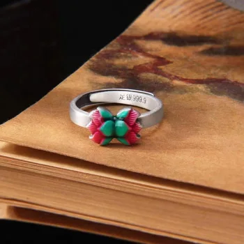 Красочное кольцо с эмалью в виде лотоса, женское фарфоровое шикарное регулируемое кольцо в стиле ретро с перегородчатой отделкой в виде лотоса с отверстием